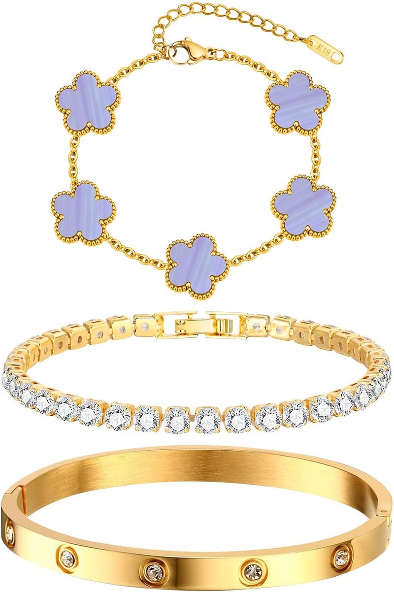 MPRAINBOW Womens Stackable Floral Gold Bracelets - 3Pcs 18K Gold Plated Bracelet,Stainless Steel Bangle Bracelets Non Tarnish, Gold Bracelet Set Trendy Jewelry,Christmas Valentines Birthday Gifts for Girlfriend - Image 1